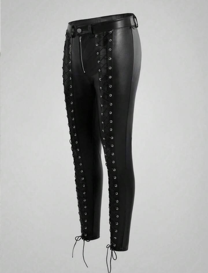 Men's Chicken Eye Lace-Up Design Zipper Front PU Leather Pants